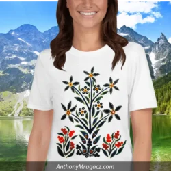 Woman wearing a Black Slavic Flower Tshirt by Mrugacz.