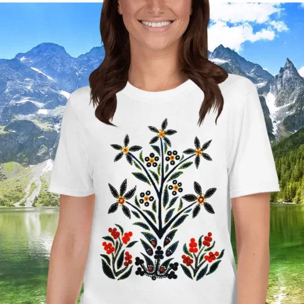 Woman wearing a Black Slavic Flower Tshirt by Mrugacz.