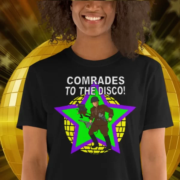 Woman wearing a Comrades Disco Dancing Tshirt from Mrugacz.