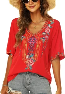LauraKlein Women’s Mexican Embroidered Tops for Women Boho Blouse for Women Summer Short Sleeve Floral Hippie Shirts Tunics