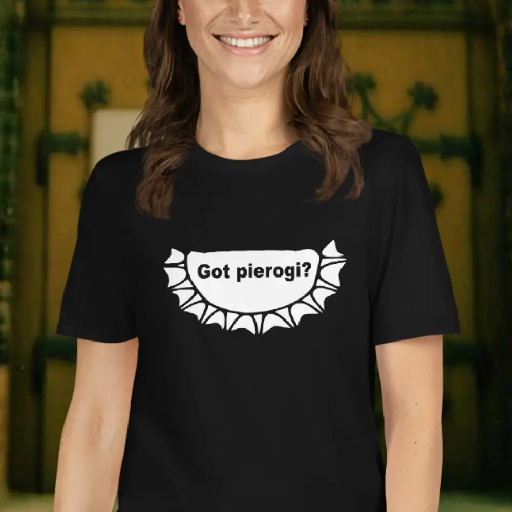 Woman wearing a Got Pierogi tshirt from Mrugacz.