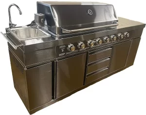 3 in 1 Black Stainless Steel Outdoor BBQ Kitchen Island Grill Propane LPG w/ Sink, Side Burner, LED Lights, and Canvas Cover