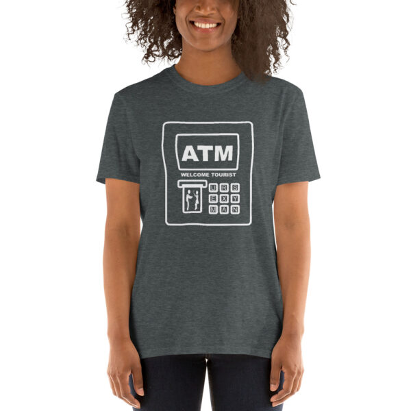 Comic graphic of Southeast Asian ATM machine on a Mrugacz shirt.