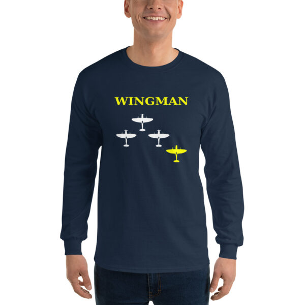 Man wearing a Wingman Spitfire Mrugacz design t-shirt.