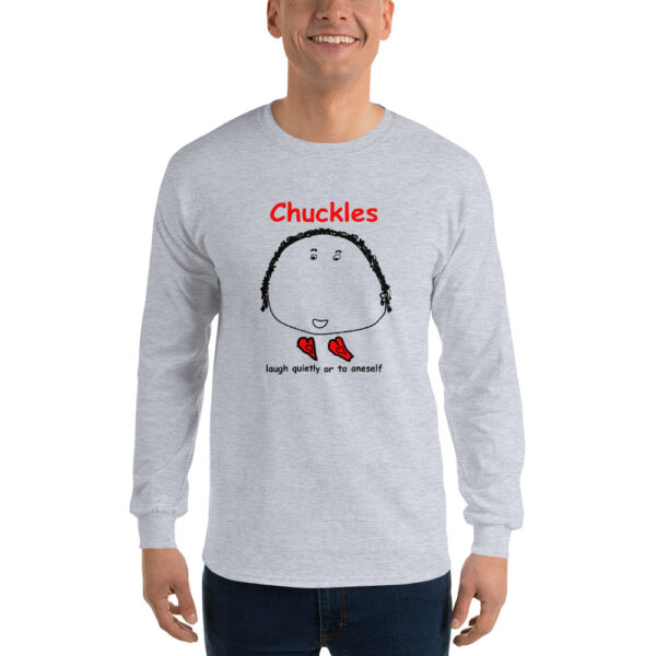 Man happily wearing a Chuckles Two Heart Longsleeve shirt.