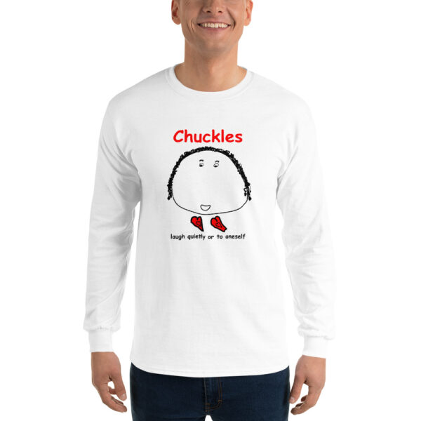 Man wearing a Chuckles Two Heart Longsleeve shirt.