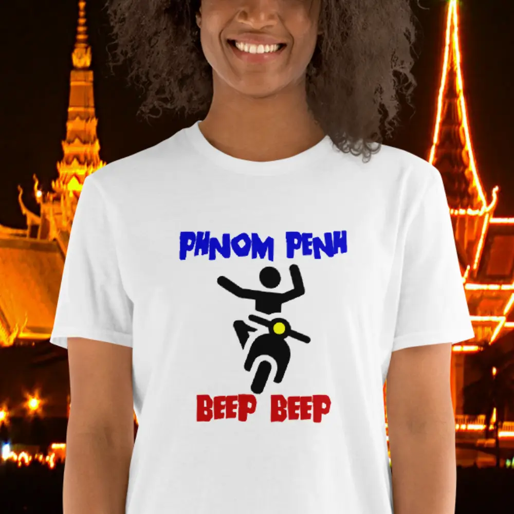 Woman wearing a Phnom Penh Beep Beep Tshirt.
