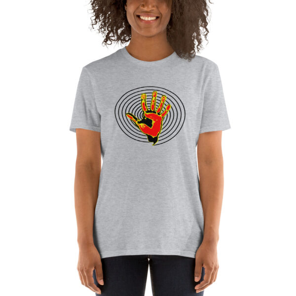 Woman wearing a Left Hand T-shirt from Mrugacz.