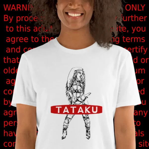 Woman wearing a Tataku t-shirt from Mrugacz.