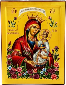 Religious icon painting mystical virgin with hank panky baby.