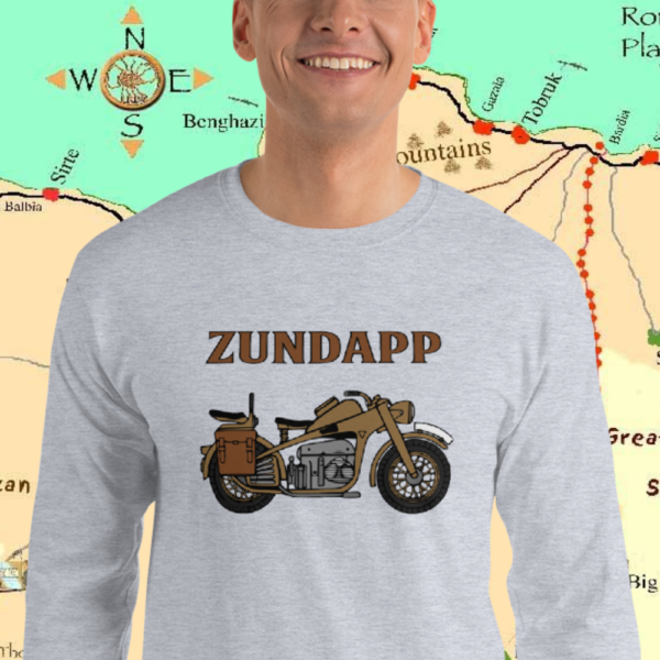 Man wearing a Afrika Korps Motorcycle Longsleeve shirt by Mrugacz.