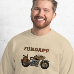 Bearded man wearing a tan colored Afrika Korps Motorcycle Sweatshirt from Mrugacz.