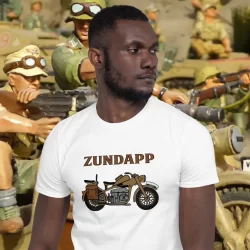 Man wearing an Afrika Korps Motorcycle T-shirt from Mrugacz.