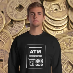 Man wearing a black ATM Bank Card sweatshirt by Mrugacz.