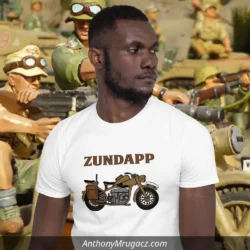 Man wearing an Afrika Korps Motorcycle Shirt from Mrugacz.