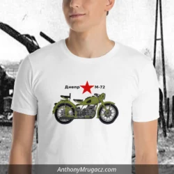 Man wearing a Dnepr M72 Soviet Motorcycle Shirt from Anthony Mrugacz.