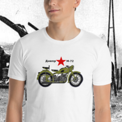 Man wearing a Dnepr M-72 SovietMotorcycle T-Shirt from Anthony Mrugacz.