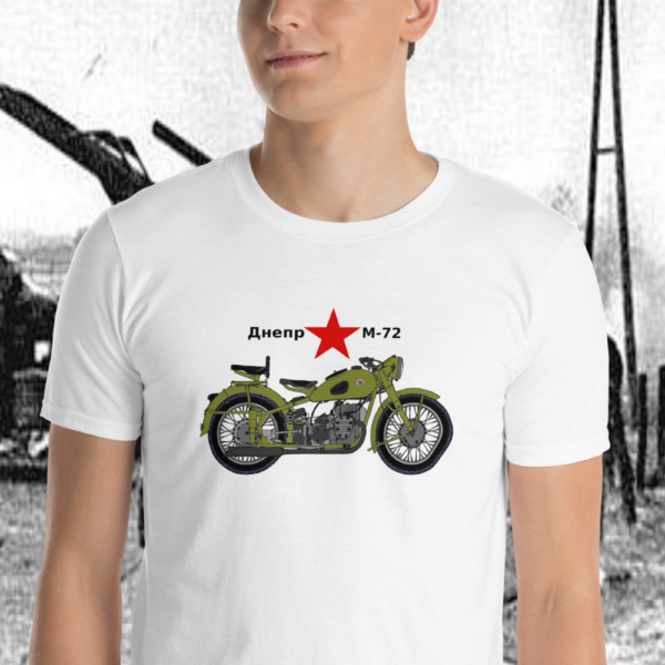Man wearing a Dnepr M72 Soviet Motorcycle Tshirt from Anthony Mrugacz.