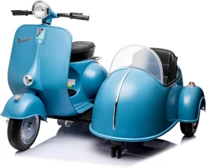 Blue electric Vespa with sidecar.