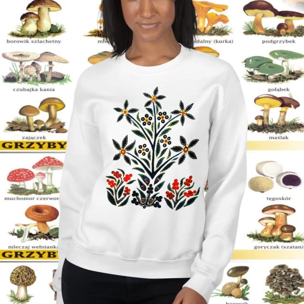 Lady wearing a Black Slavic Flower Sweatshirt from Mrugacz.