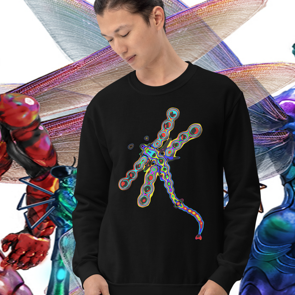 Man wearing a Electric Dragonfly Drone Sweatshirt for the blog post "Identifying Types of Dragonflies" by Mrugacz.