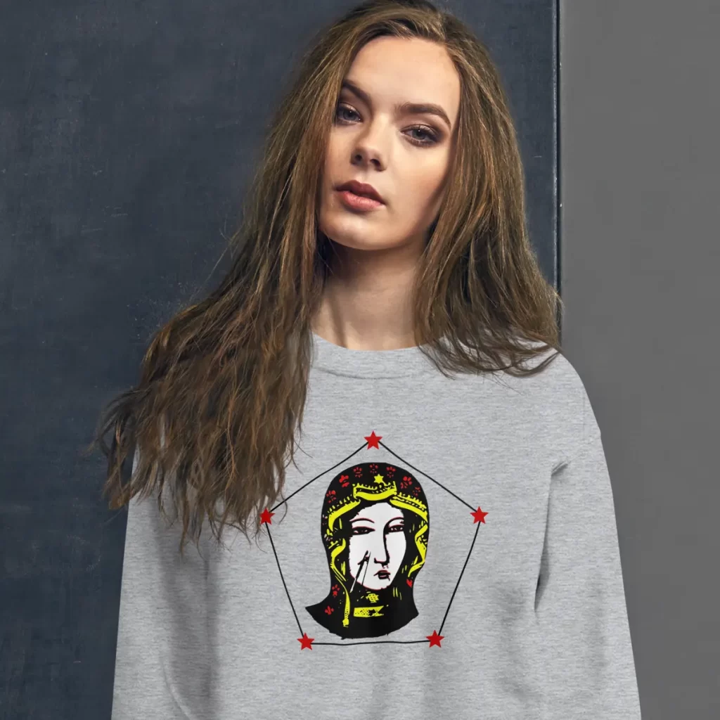 Gal in a Have Mercy sweatshirt for the blog post "Down right awesome merch" by Mrugacz.