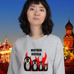 Lady wearing a sport grey Russian Matroyshka Dolls Sweatshirt  from Mrugacz.