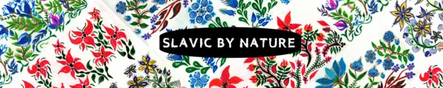Color pencil drawing of colorful flowers with the text saying "Slavic by Nature" for the blog post "My Slavic Artwork Gallery".
