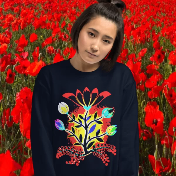 Girl wearing a Summer Slavic Flower Sweatshirt from Mrugacz.