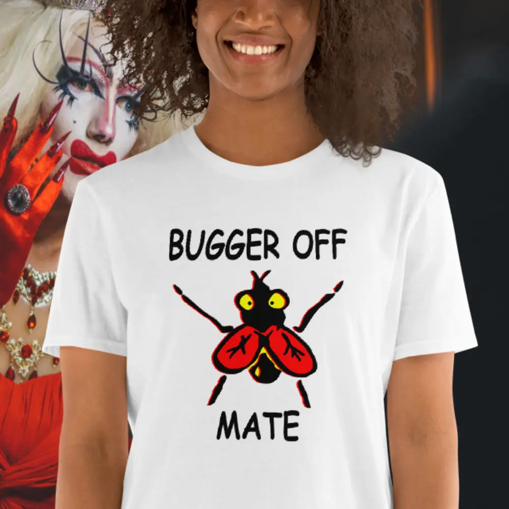 Aussie Sheila in a Bugger Off Mate T-shirt for the Slang and Derogatory Terms Blog Post.