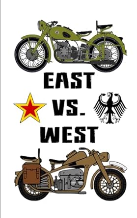 Two WW2 motorcycles with text, "East vs. West" for the blog post "Soviet Era Retro Ride" blog post by Mrugacz.