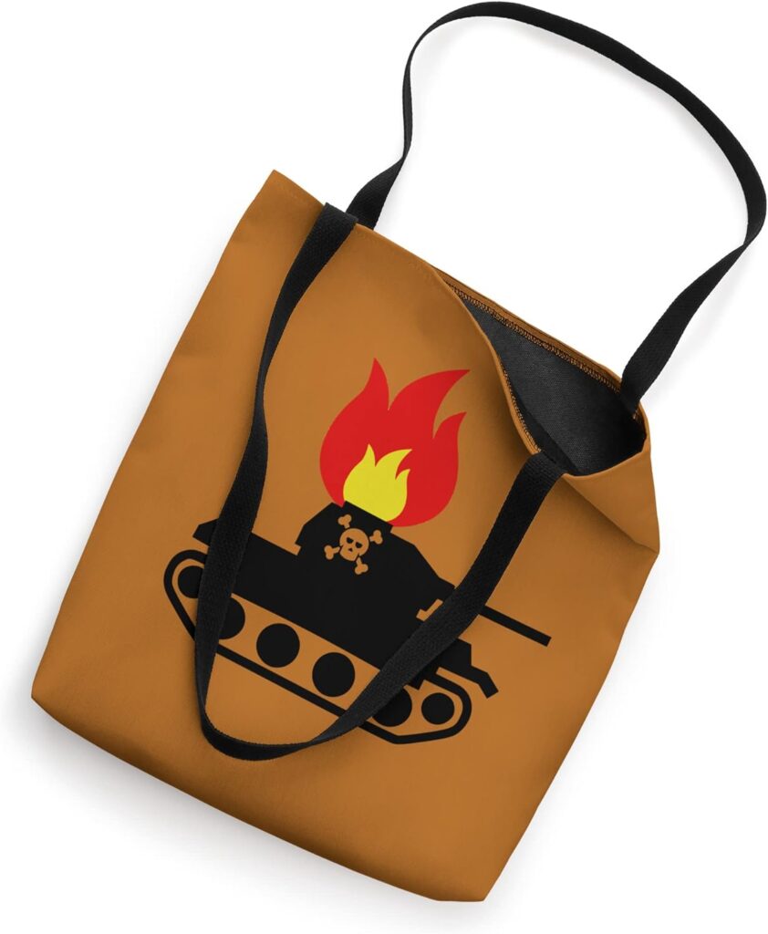 Burning tank graphic on a brown totebag for the blog Post "Best BBQ Grill Specification" by Mrugacz.