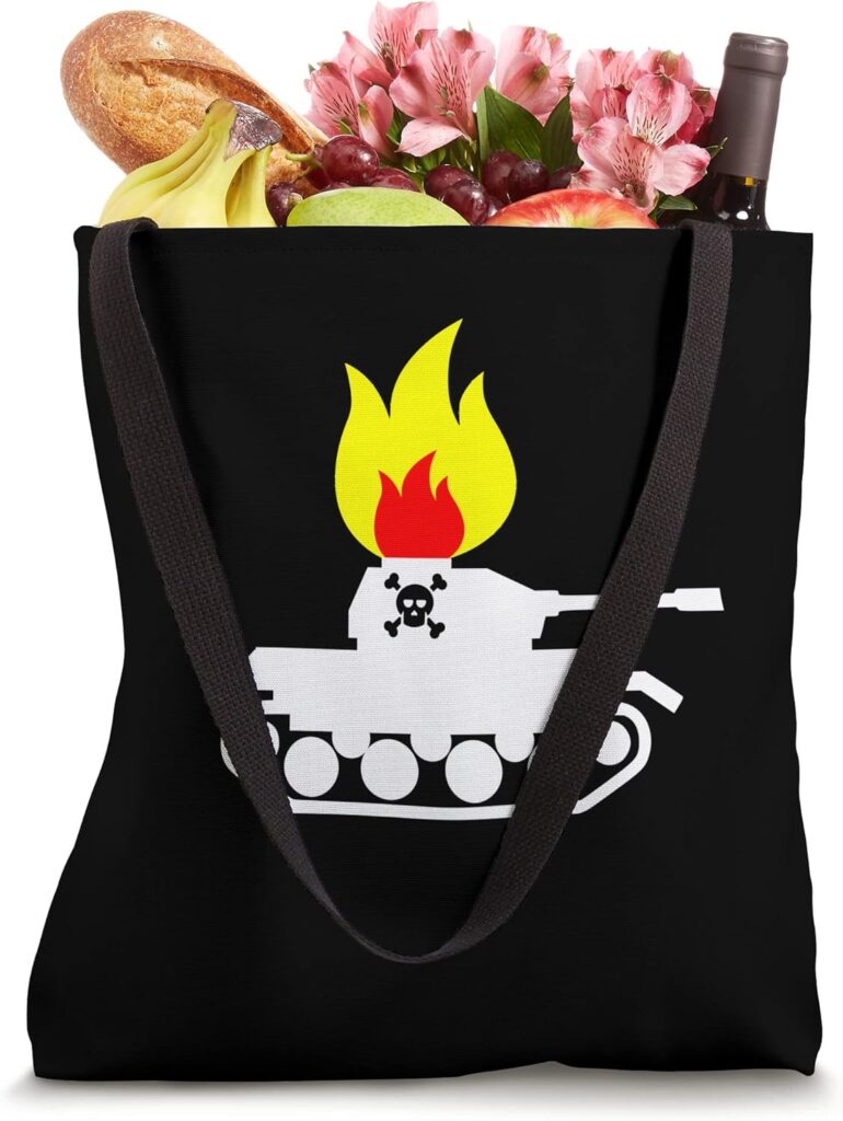 Burning white  tank graphic on a black totebag for the blog Post "Best BBQ Grill Specification" by Mrugacz.