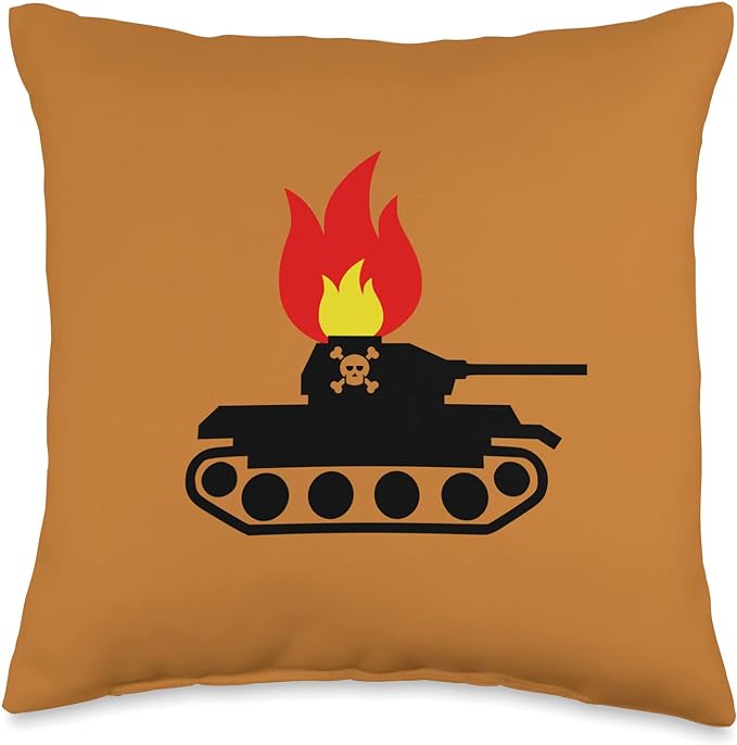 Burning tank graphic on a brown pillow for the blog Post "Best BBQ Grill Specification" by Mrugacz.