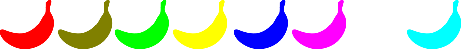 Row of 8 banana icons in different bright colors for the blog post "Human Looking Monkey" by Mrugacz.