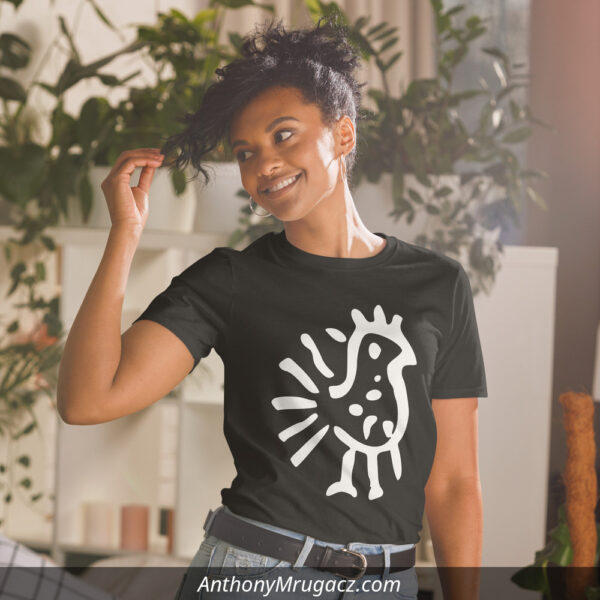 Girl wearing a black Ancient Polish Design shirt from Mrugacz.