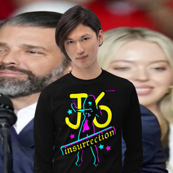 Confused American wearing a black January 6th Insurrection Longsleeve shirt.