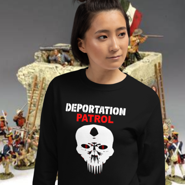 Woman wearing a Doublesided Deportation Patrol Squad Longsleeve Shirt in black color.