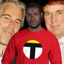 Man wearing a popular Teflon Don 47 Red Sweatshirt in support of Project 2025.