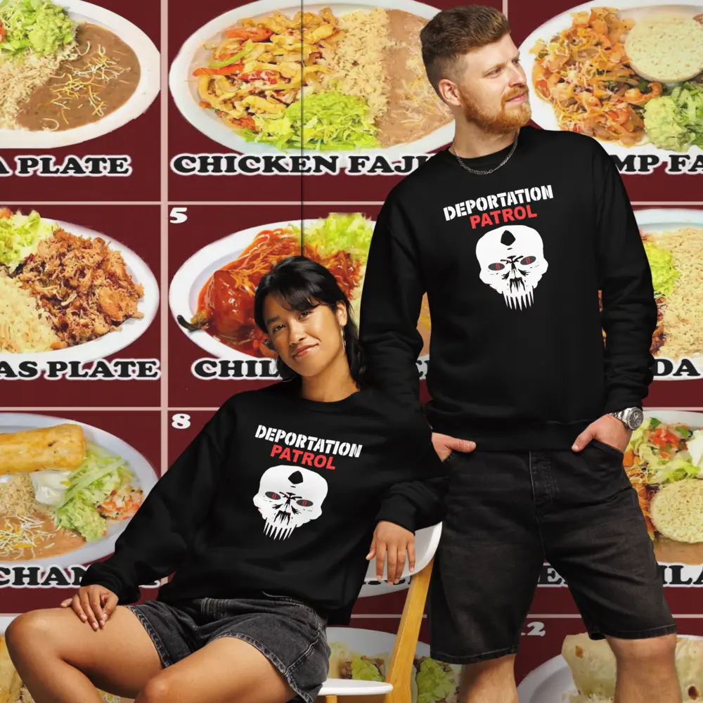 Couple standing in front of a graphic Mexican food menu wearing Deportation Patrol Shirts by Mrugacz.