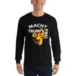 man very happily wearing a Trump Will Fixit Longsleeve shirt in black color.